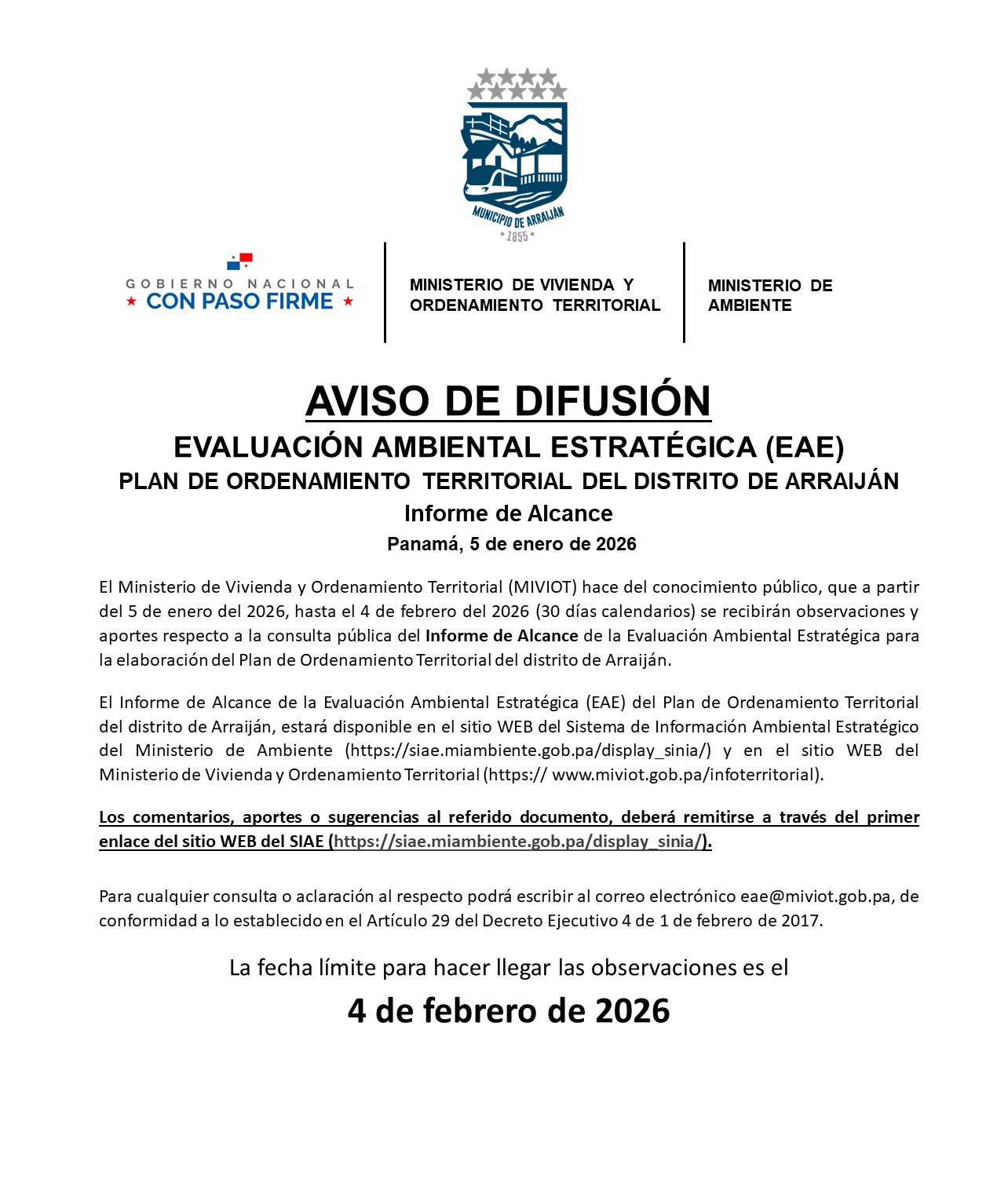 EAE Arraiján-Aviso Informe de Alcance