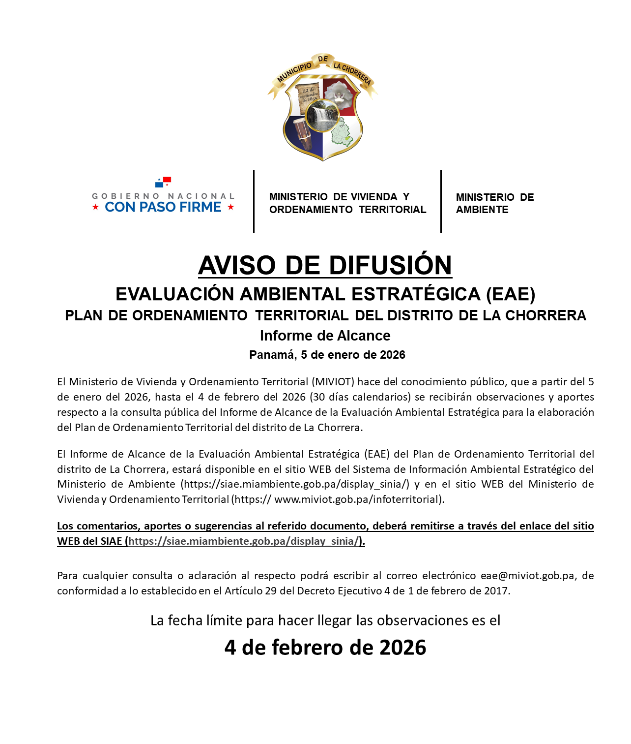 EAE La Chorrera – Aviso Informe de Alcance